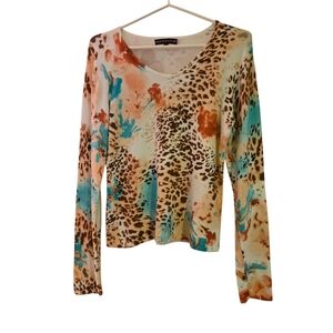 Y2K Vintage Animal Print Floral Top Long Sleeves Size L
